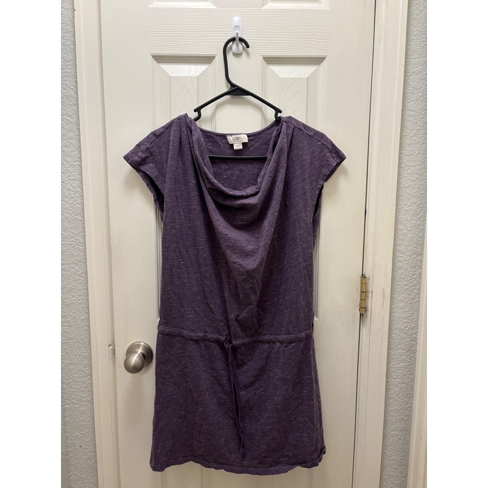 Loft Purple Heathered Knit Cowl Neck Drawstring Waist Mini Dress Womens Large